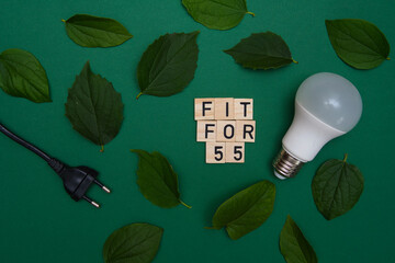 The inscription Fit for 55. The fit for 55 package is a package of EU climate regulations as part of the European Green Deal