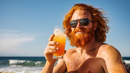 ginger man holding glass of orange juice