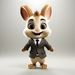 Full body 3d character of a cute bunny wearing a black suit on a white background