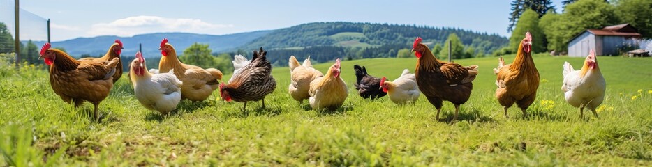 farm photo of chicken walking on the grass