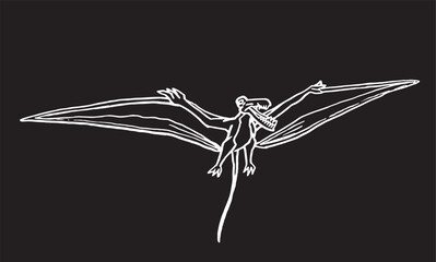 Fototapeta na wymiar Graphical sketch of pterodactyl on black,vector engraved illustration 