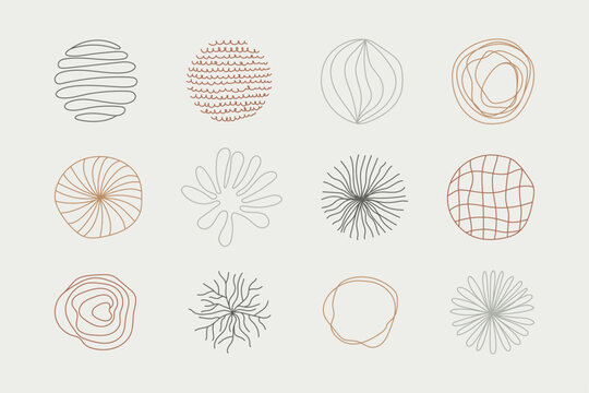 Abstract circles art. Artistic smooth elements in the round. Hand drawn decor for social media posts, T-shirt print, icons of highlights covers, labels, branding, posters. Fashionable graphic element