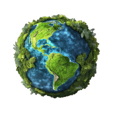 Globe of the world made of leafy green moss isolated on cutout PNG transparent background