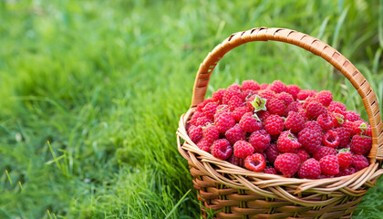 Wicker basket with ripe raspberries on green grass outdoors. Space for text