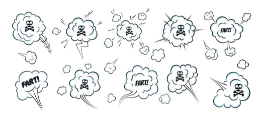 Smelling pop art comic book cartoon fart cloud flat style design vector illustration set with text and skull with crossed bones. Bad stink or toxic aroma cartoon smoke cloud.