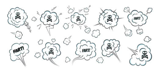 Foto op Plexiglas Smelling pop art comic book cartoon fart cloud flat style design vector illustration set with text and skull with crossed bones. Bad stink or toxic aroma cartoon smoke cloud. © Konstantin