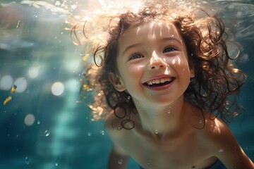 young blonde girl in sunglasses underwater swimming in an outdoor pool