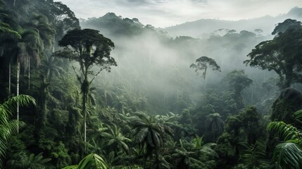 Fototapeta premium Rainforest Landscape With Trees And Fog