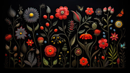 Floral art collage with modern exotic and retro-style colors and shapes. For wall art, covers, interior decoration, and backgrounds.