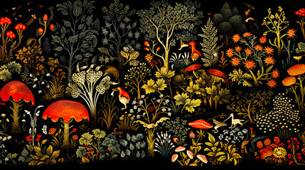 Obraz na płótnie Canvas Floral art collage with modern exotic and retro-style colors and shapes. For wall art, covers, interior decoration, and backgrounds.