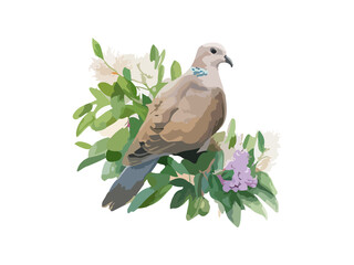 Cute dove colorful watercolor, decorated by flowers and leaves glowing path, doodle and realistic, vector illustration.
