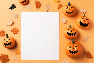 Blank paper sheet with Halloween decorations on pastel background. Greeting card, invitation mockup. Place for inscription. Pumpkin. Modern Minimal business template. top view. Generative AI