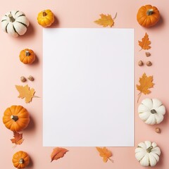 Blank paper sheet with Halloween decorations on pastel background. Greeting card, invitation mockup. Place for inscription. Pumpkin. Modern Minimal business template. top view. Generative AI
