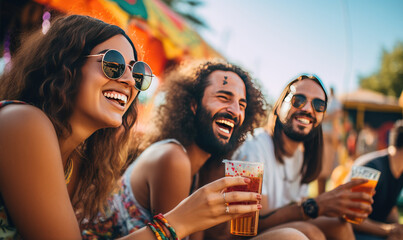 Group of young people cheering and drinking beer at an outside party. Happy young friends enjoying happy hour at the party.  - obrazy, fototapety, plakaty