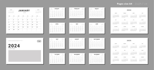 Set of Monthly pages Calendar Planner Templates 2024-2025 for wall or desk with Cover and place for Photo, Company Logo. Vector layout of calendar with week start Monday for print. Pages for size A4