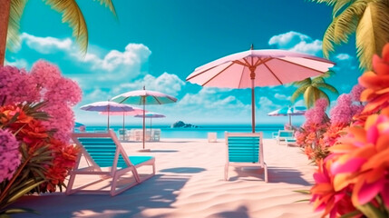 Landscape of a summer beach with colored umbrellas and deck chairs against the background of the sea.AI generated