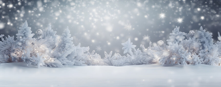 Snow covered branches Christmas tree in winter landscape, Lights blurred background, AI generate