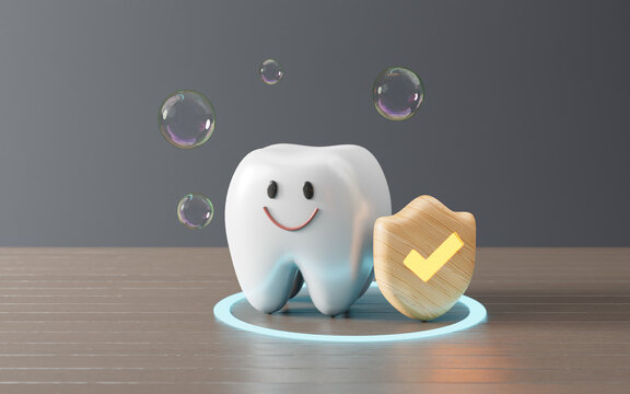 happy tooth with Shield protect,. Cute dentist mascot. Oral health and dental inspection teeth. Medical dentist tool, children healthcare, 3D render