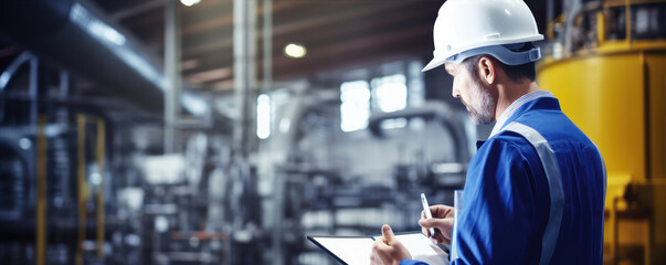 male engineer in facility during control porcess, holding and writing on pape,r checking quality material production analyzing physical chemical testing working in manufacturing ...