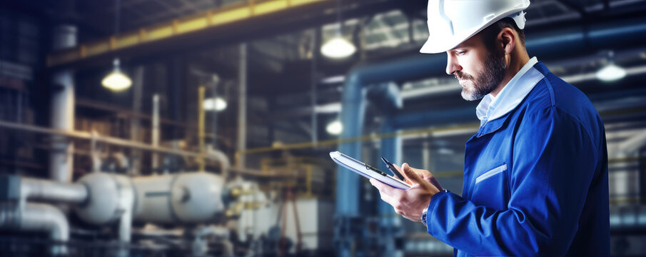 male engineer in facility during control porcess, holding and writing on pape,r checking quality material production analyzing physical chemical testing working in manufacturing ...