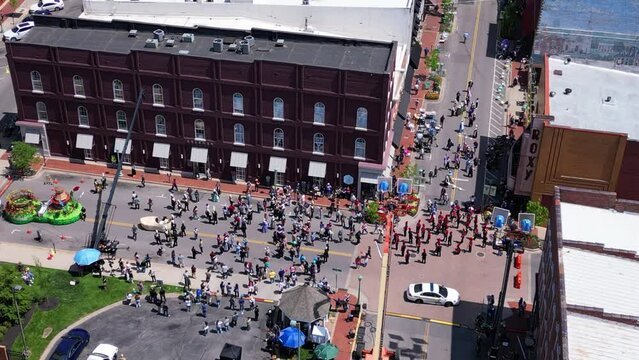 Aerial view of extras, cast, and equipment for on location filming of Holland Michigan in downtown Clarksville Tennessee