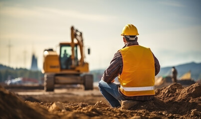 construction worker at construction site with excavator background - obrazy, fototapety, plakaty