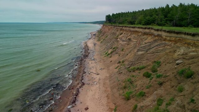 Bluffs formed by coastal erosion at Jurkalne Seashore in Latvia - aerial flyover