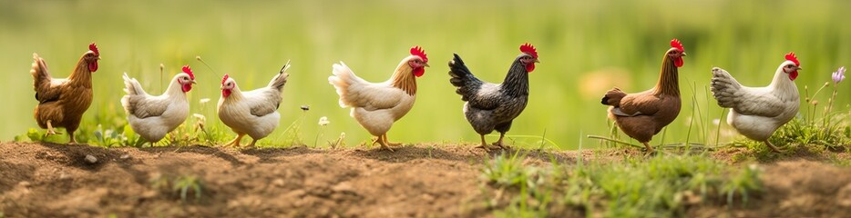 Fototapeta premium farm photo of chicken walking on the grass
