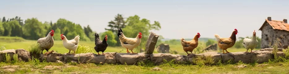 Fotobehang farm photo of chicken walking on the grass © alexxndr