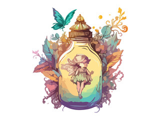Fairy in Bottle decorated by Flowers, Png Clipart Sublimation.