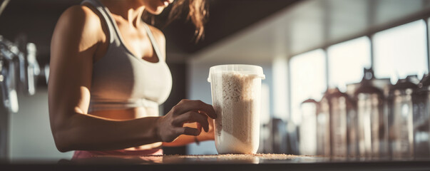 Healthy young woman is preparing protein shake after training in the gym. Fitness and healthy lifestyle, weight loss concept. - obrazy, fototapety, plakaty