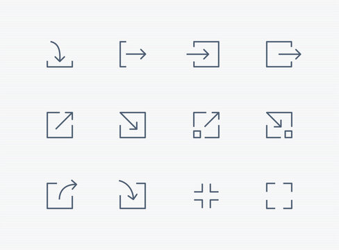 arrow icon set with square. download, import, export, shrink, expand line arrows. editable stroke vector illustration	