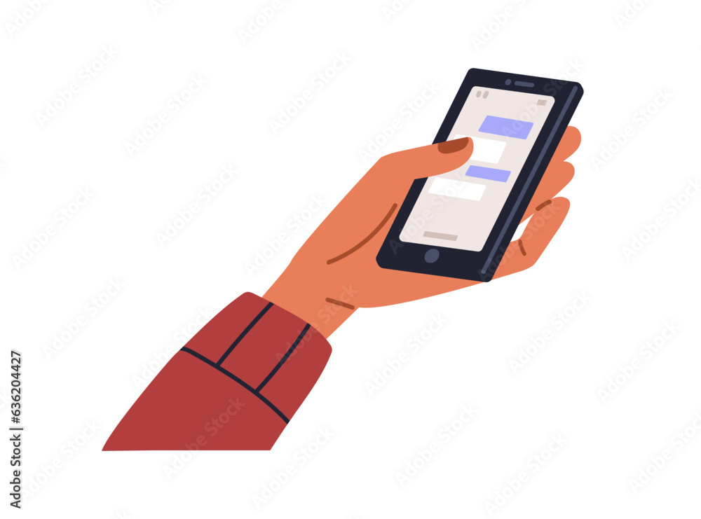 Poster hand holding smartphone, using instant message app, chatting online. texting, digital correspondence