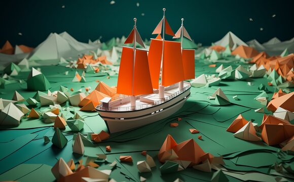 paper ship sailing through the mountain range