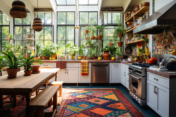 A vibrant bohemian-inspired kitchen, adorned with colorful rugs, eclectic decor, and handcrafted elements that capture a free spirit essence - obrazy, fototapety, plakaty