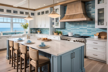 A coastal retreat in the form of a kitchen with a sea-blue backsplash, driftwood details, and touches reminiscent of the beach