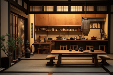 Authentic traditional Japanese kitchen setup, featuring tatami mats, wooden furnishings, and serene aesthetics in every detail