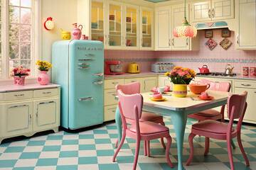  Step back in time to a 1950s-inspired kitchen, complete with checkered floors, pastel appliances, and the charm of yesteryears