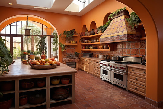 Inviting Mediterranean-style kitchen, complete with graceful archways, terracotta tiles, and decor that oozes southern European charm