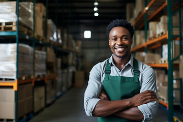 Black man worker wearing green clothes smiling in a warehouse, ready to serve and work on customer orders and supply chain