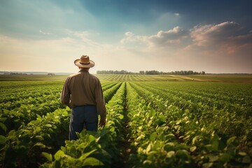 A proud farmer stands in a vibrant green soybean field, Generative Ai