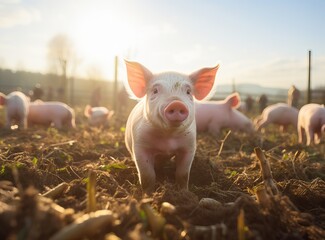 beautiful pigs on a green meadow