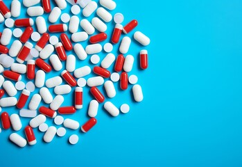 Different pills on color background, flat lay