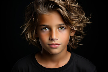 Fototapeta premium Generative ai studio portrait of cute little teenage brunette boy on different colour backgrounds