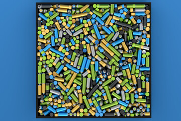 Pile of spray paint cans on blue background. Spray bottle and dispenser
