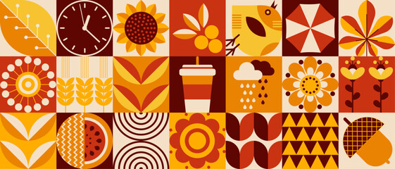 Bauhaus pattern with autumn. Mosaic style. Simple geometric shapes. Textile background with Bauhaus autumn rain, vegetables, fruits, flowers, coffee