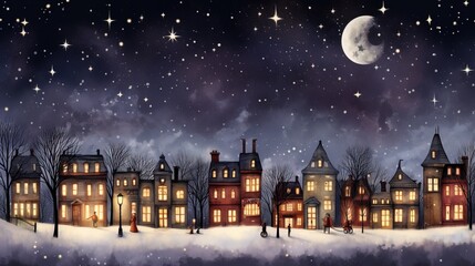 Cute Christmas houses in a row. Christmas New Year banner. Cozy winter scene illustration in vintage style