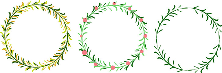Wreath set - green wreaths with berries and different design. Green leaves circles as frames. Vector illustration isolated.