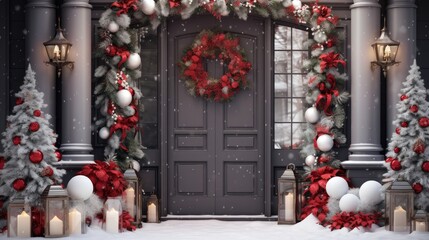Fototapeta na wymiar Porch and front door with beautiful Christmas decor created with Generative AI technology