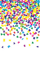 Fototapeta premium Falling letters of English language. Colorful flying words of Latin alphabet. Foreign languages study concept. Worthy back to school banner on white background.